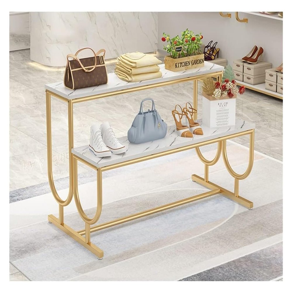 Clothes Rail Garment Rack Industrial Retail Display Tables, Standing Clothing Shoes Display Rack Stepped Display Stand Unit Storage Shelves, Garment/Handbag Display Stan ( Color : Gold , Size : 2level