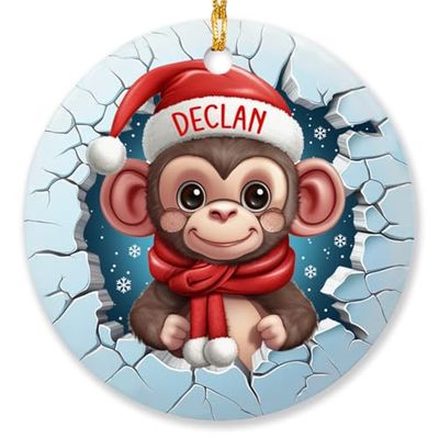 3D Style Christmas Monkey Ornament, Funny Cartoon Monkey Santa Ornament, Personalized Xmas Tree Hanging, Animal Lovers Gifts