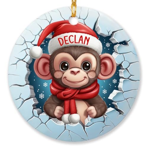 3D Style Christmas Monkey Ornament, Funny Cartoon Monkey Santa Ornament, Personalized Xmas Tree Hanging, Animal Lovers Gifts
