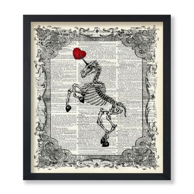 Poster Master Unicorn Skeleton Print - Dictionary Poster - Red Heart Art - Gift for Men, Women & Animal Lover - Gothic Wall Decor for Bedroom, Living Room or Kid's Room - 8x10 UNFRAMED Wall Art