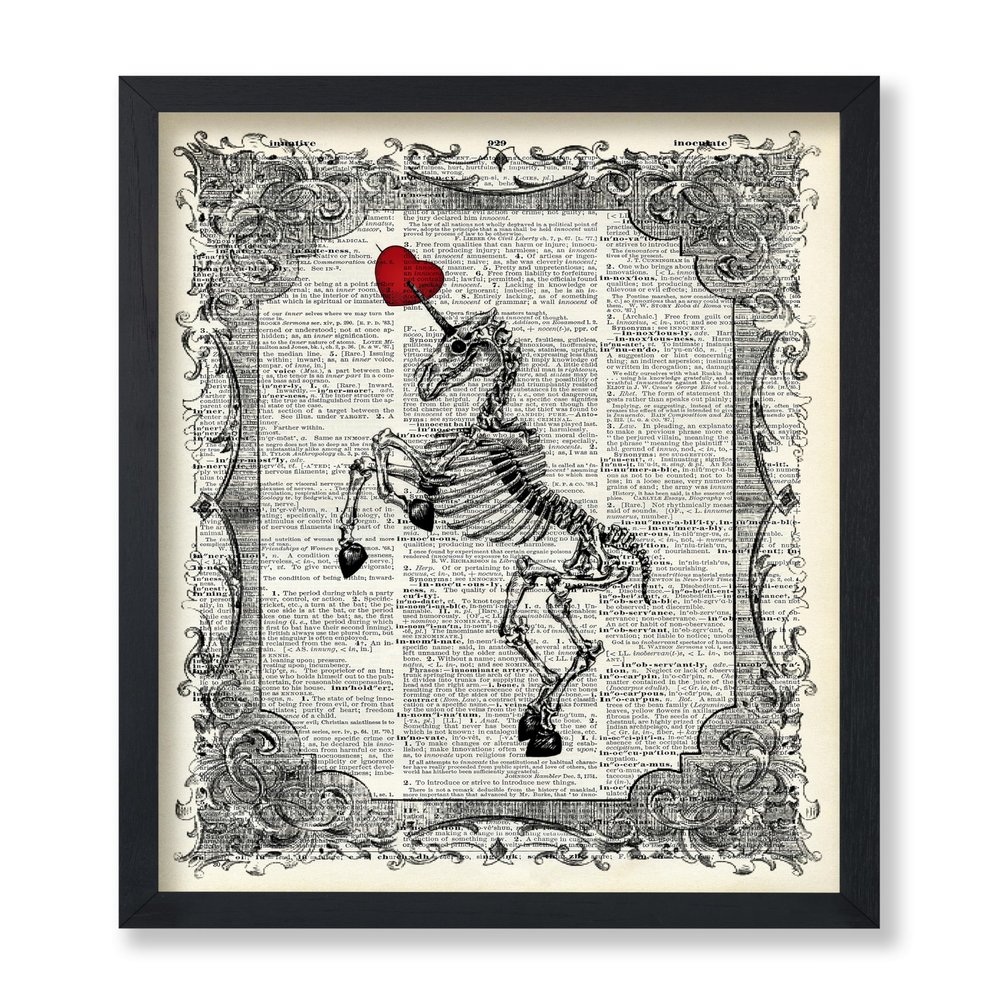 Poster Master Unicorn Skeleton Print - Dictionary Poster - Red Heart Art - Gift for Men, Women & Animal Lover - Gothic Wall Decor for Bedroom, Living Room or Kid's Room - 8x10 UNFRAMED Wall Art
