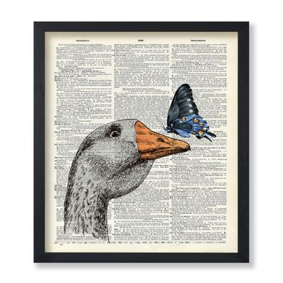 Poster Master Goose and Blue Butterfly Print - Dictionary Poster - Animal Art - Gift for Men, Women & Animal Lover - Decor for Bedroom, Kid's Room or Nursery - 8x10 UNFRAMED Wall Art
