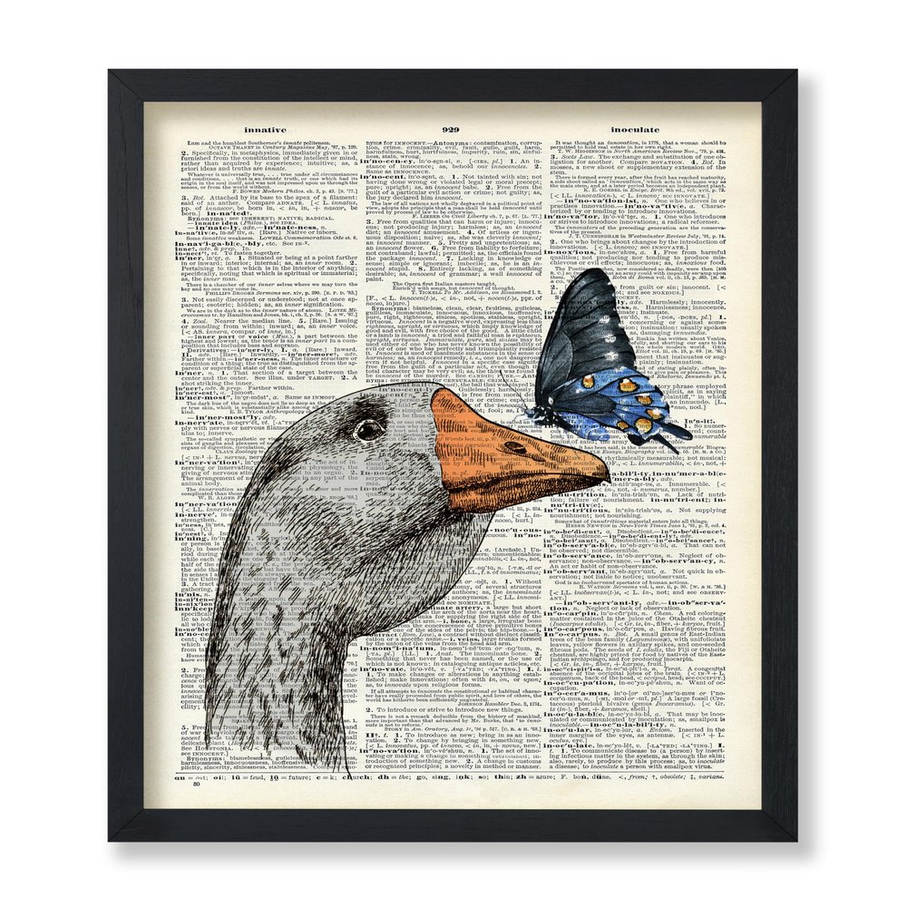 Poster Master Goose and Blue Butterfly Print - Dictionary Poster - Animal Art - Gift for Men, Women & Animal Lover - Decor for Bedroom, Kid's Room or Nursery - 8x10 UNFRAMED Wall Art