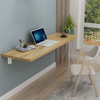 Drop Leaf Fold Down Floating Desk, Wall Mounted Folding Workbench, Solid Wood Floating Table, For Office, Bedroom, Kitchen, Dining (Color: Wood, Size: 7")