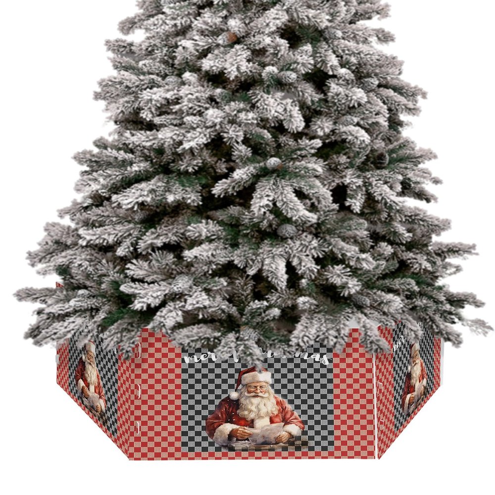 Christmas Lattices Christmas Tree Collar Tree Box Stand Cover,Artificial/Pencil/Silm/Skinny Tree Ring 6 Packs Collapsible Tree Skirt for Christmas Xmas Tree,Vintage Santa Latters Red Black 17"x10"