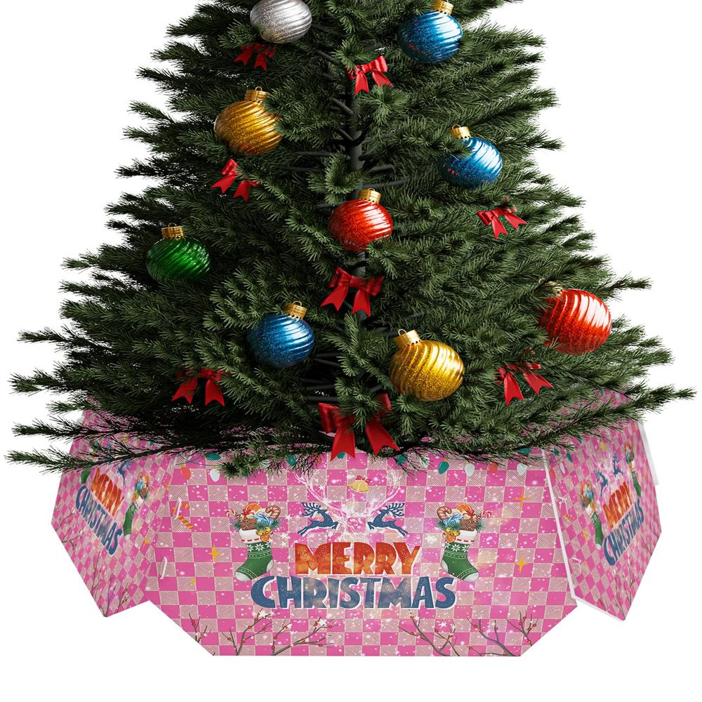 Christmas Tree Collar Tree Box Stand Cover,Artificial/Pencil/Silm/Skinny Tree Ring 6 Packs Collapsible Tree Skirt for Christmas Xmas Tree,Pink Lattice Christmas Stocking Snowflake 14.5"x10"