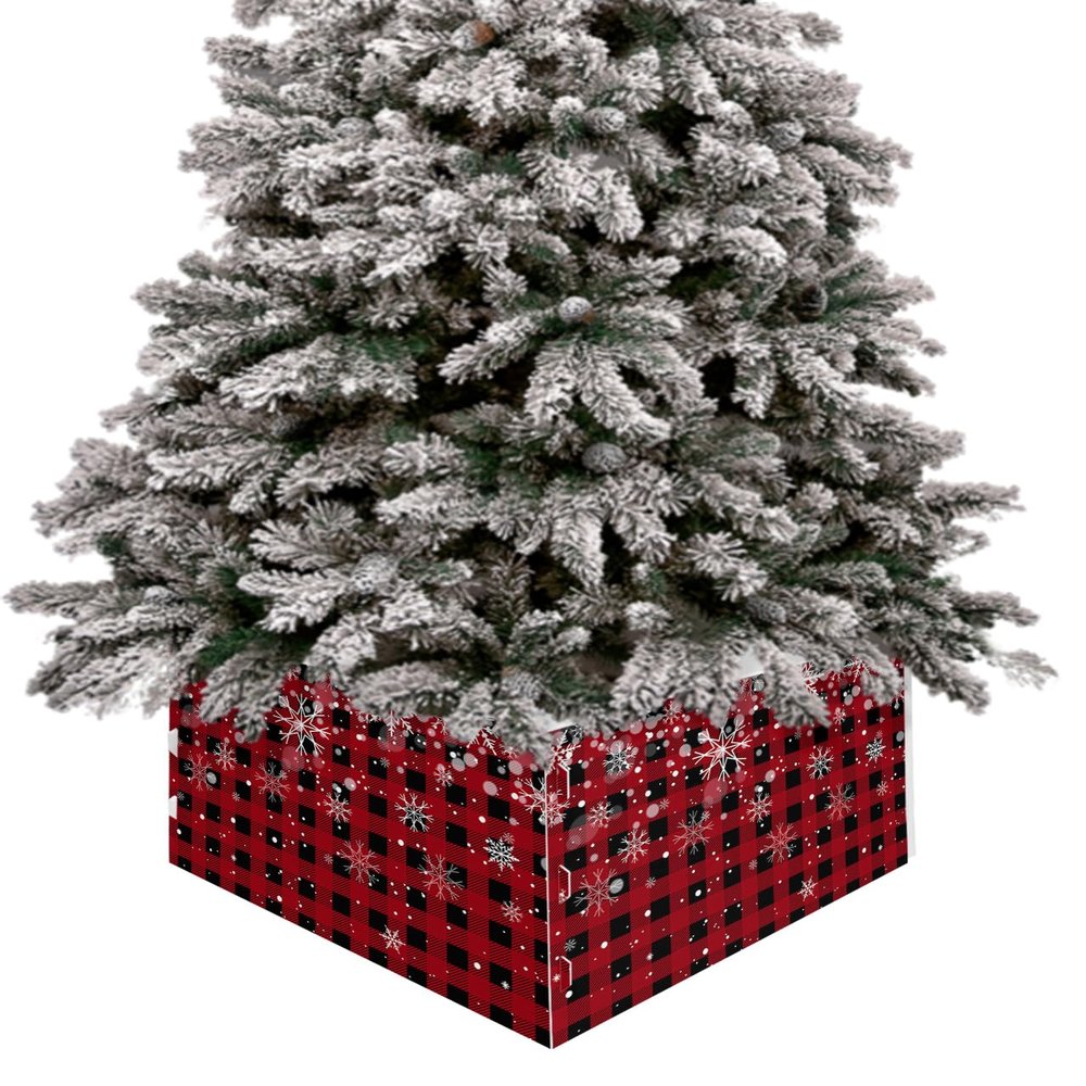 Buffalo Plaid Christmas Tree Collar Tree Box Stand Cover,Artificial/Pencil/Silm/Skinny Tree Ring 4 Packs Collapsible Tree Skirt for Christmas Xmas Tree,Red Black Christmas Winter Snowflake 17"x10"