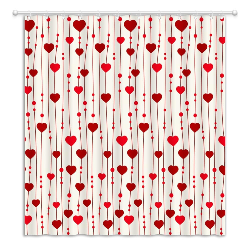 JEJOMEAG Valentine's Day Shower Curtain Red Heart Romantic Love Lover Couple Creative Beige Fabric Bathroom Curtain with Hooks