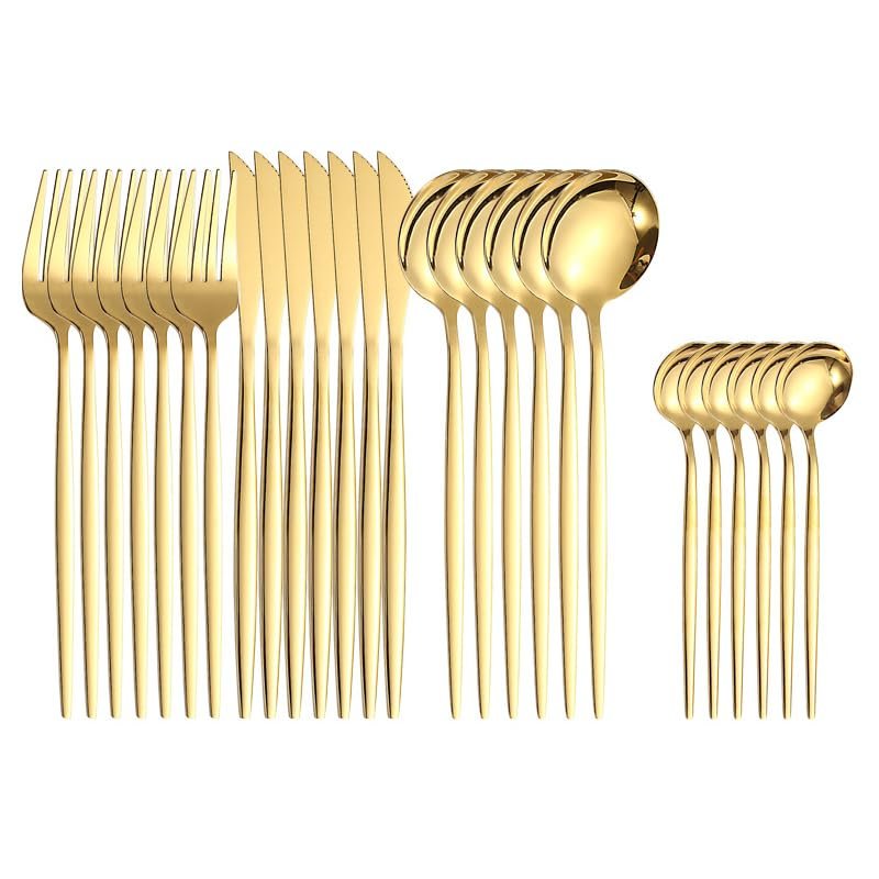24-Piece Stainless Steel Cutlery and Western Steak Cutlery Set,Elegant Golden Creative Dinnerware for Family Dinners (Yellow Gold)