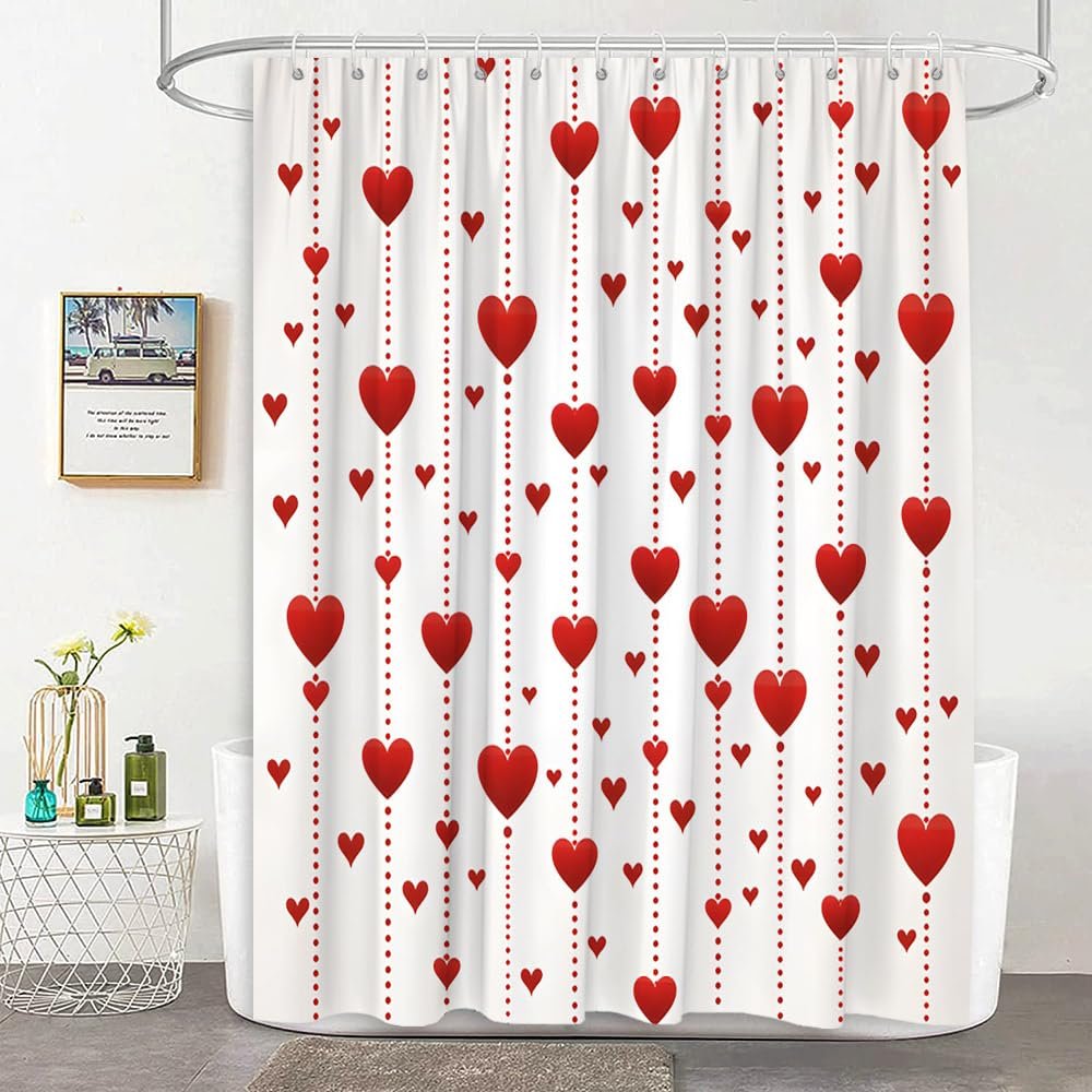 JEJOMEAG Valentine's Day Shower Curtain Red Heart Romantic Lover Couple Woman Girl Beige Fabric Bathroom Curtain with Hooks