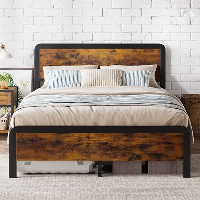 IDEALHOUSE Queen Bed Frame with Wood Headboard, Platform Queen Bed Frame with Safe Rounded Corners & Strong Metal Slats Support, Mattress Foundation, Noise-Free, No Box Spring Needed