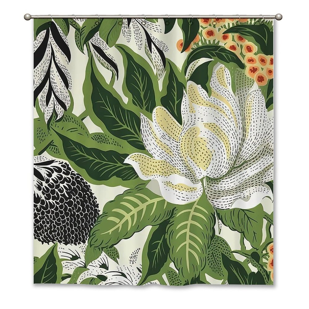 Yinrune Chinoiserie Shower Curtain Green and White Floral Bathroom Shower Curtain Asian Farmhouse Shower Curtain 60x72in Polyester Fabric Shower Curtain Set with Hooks Bathroom Decor