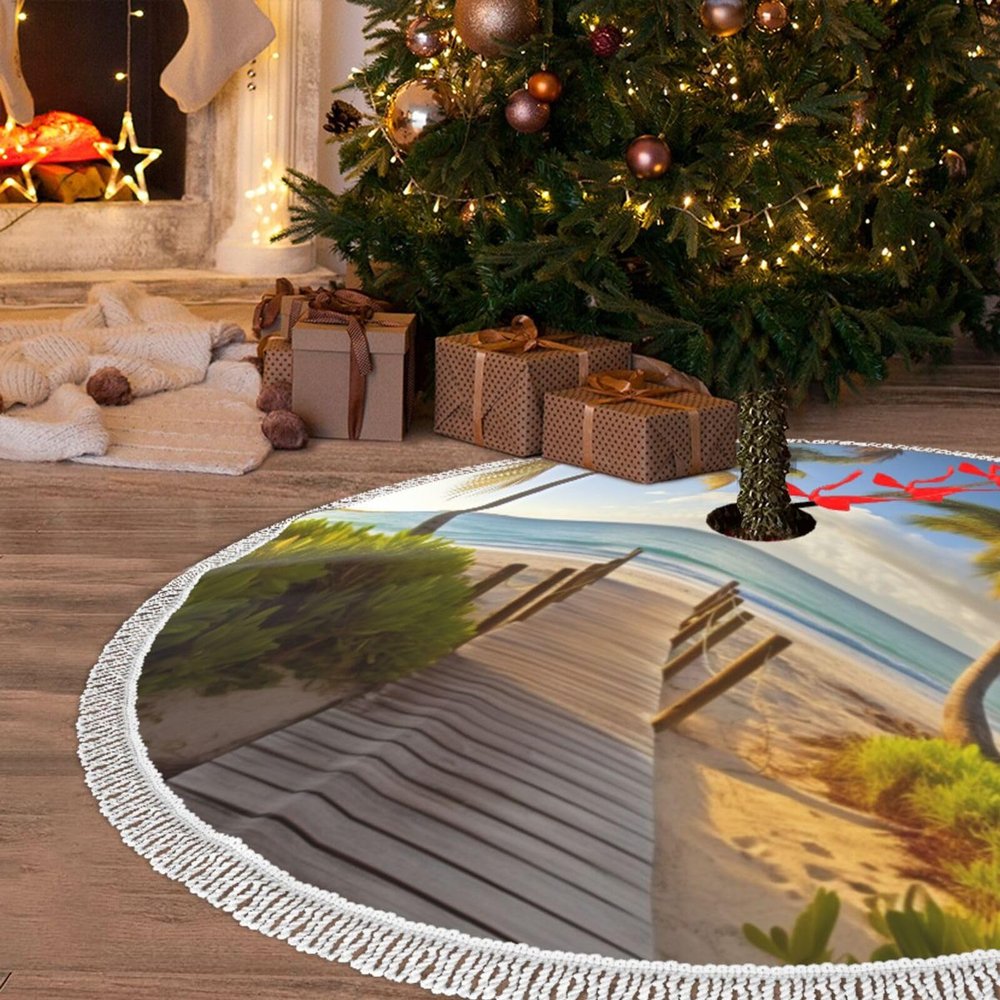 30" Christmas Tree Skirt with Tassel Palm Trees Beach Christmas Tree Mat Tree Skirt Ornaments for Holiday Tassel Tree Skirt Xmas Tree Skirt Base Cover for Christmas New Year Decorations
