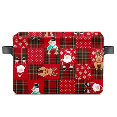 Styubn Christmas Baskets,Christmas Red Grid Elk Snowman Foldable Storage Bins with Handles, Decorative Cloth Organizer Storage Boxes 2 2piece