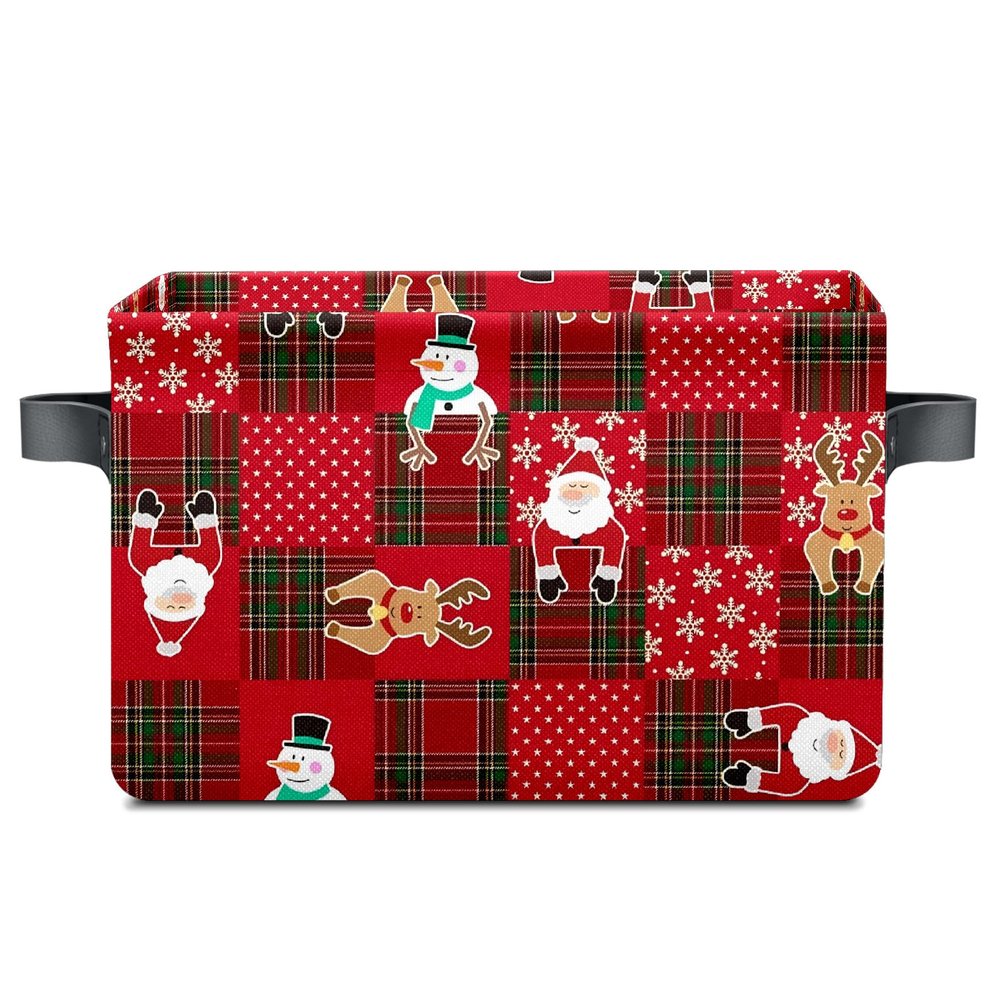 Styubn Christmas Baskets,Christmas Red Grid Elk Snowman Foldable Storage Bins with Handles, Decorative Cloth Organizer Storage Boxes 2 2piece