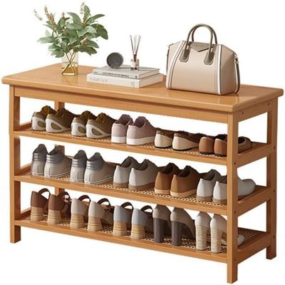 HOBIBA Organizer Wood Shoe Rack Bench 3-6 Tier Sturdy Shoe Organizer Wood Storage Shoe Shelf Stackable for Entryway Hallway Bedroom Living Room (Size:68x30x46cm,Color:Wood)