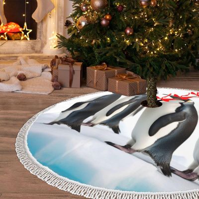 30" Christmas Tree Skirt with Tassel Penguins Christmas Tree Mat Tree Skirt Ornaments for Holiday Tassel Tree Skirt Xmas Tree Skirt Base Cover for Christmas New Year Decorations