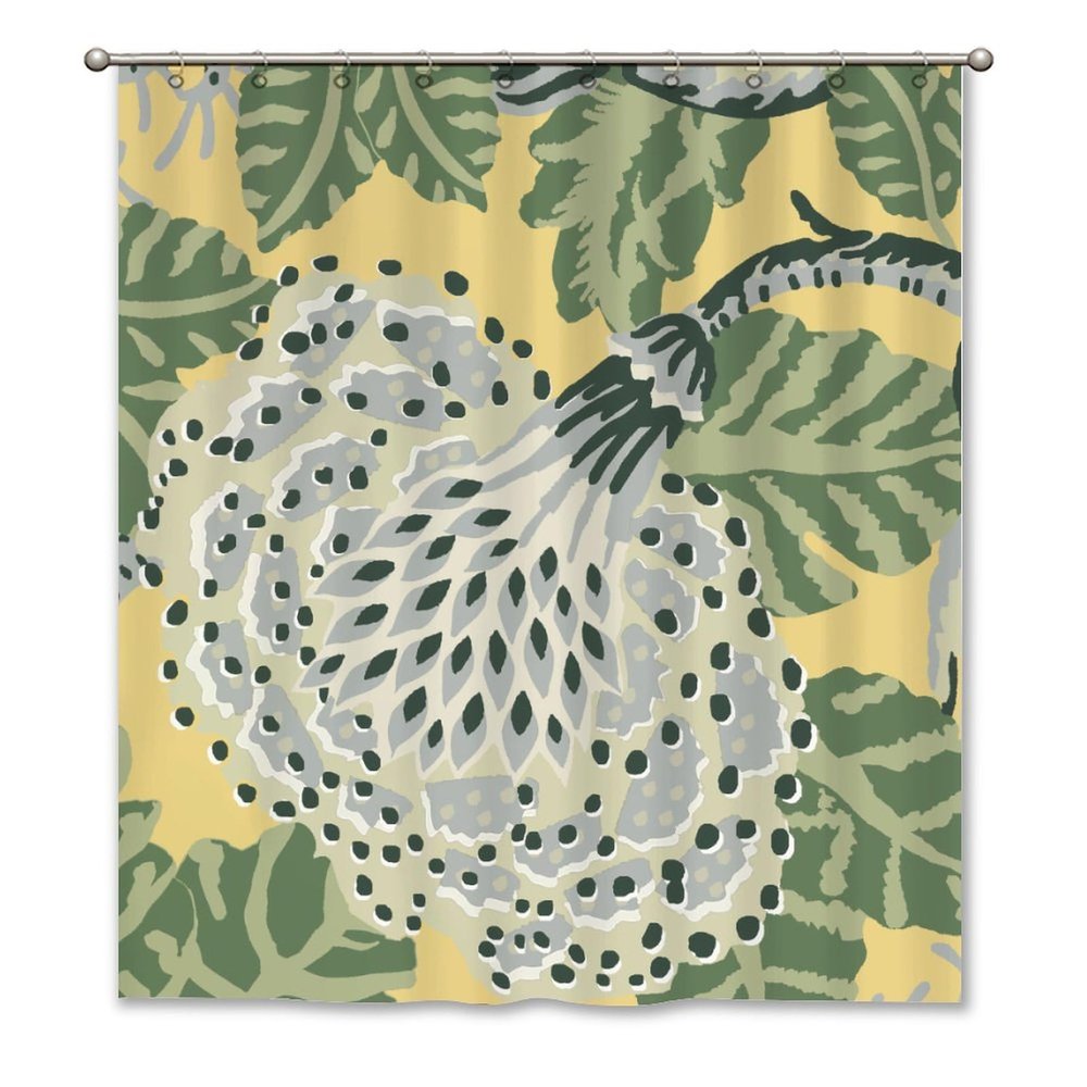 Yinrune Yellow and Green Shower Curtain Floral Flower Chinoiserie Asian Inspired Bathroom Shower Curtain Modern Shower Curtain 60x72in Polyester Fabric Shower Curtain Set with Hooks