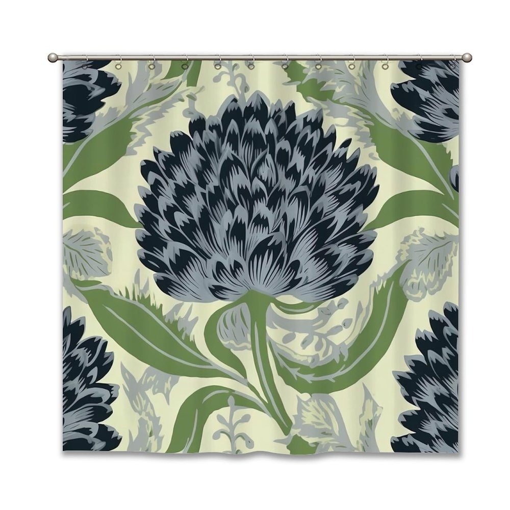 Yinrune Chinoiserie Shower Curtains for Bathroom Black and Green Floral Bathroom Curtains Asian Farmhouse Shower Curtain 72x72in Polyester Fabric Bath Curtains Set with Hooks Bathroom Decor