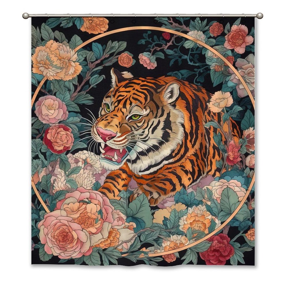 Yinrune Tibetan Tiger Shower Curtains for Bathroom 60x72in Pink Green and Turquoise Floral Colorful Shower Curtains Rustic Shower Curtain Animal Polyester Fabric Shower Curtain Set with Hooks