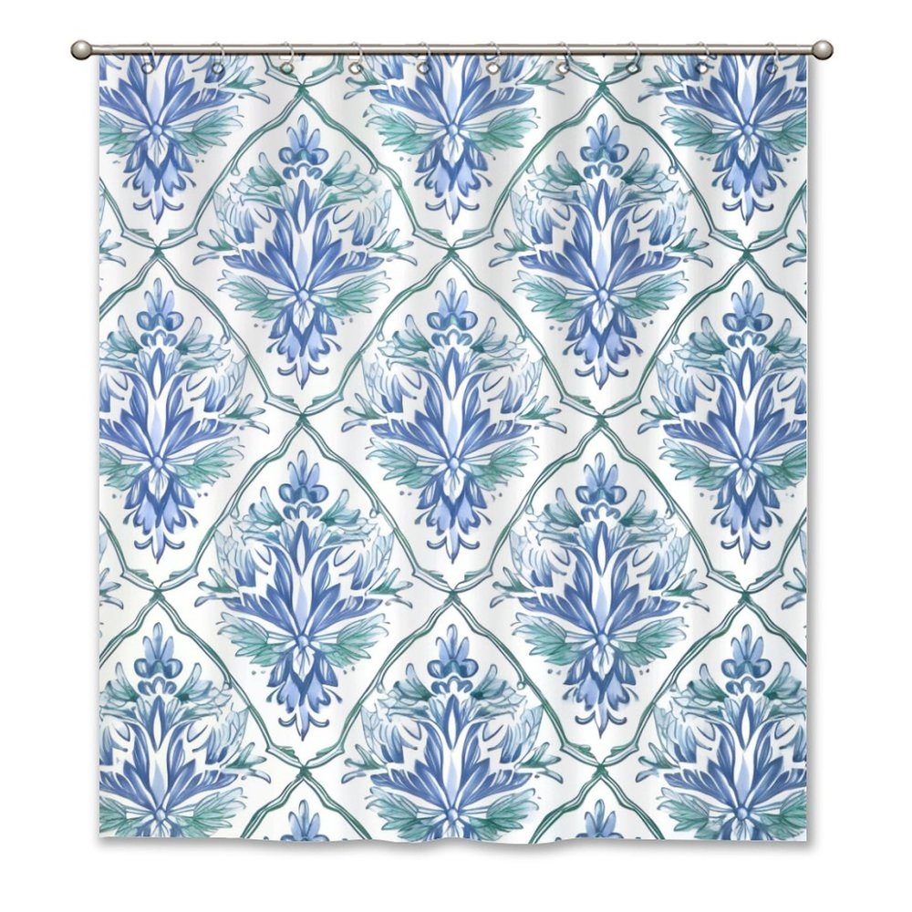 Yinrune Chinoiserie Style Blue and White Shower Curtain 60x72in Asian Blue Lotus Bath Curtains Modern Shower CurtainBath Curtains Polyester Fabric Shower Curtain Set with Hooks