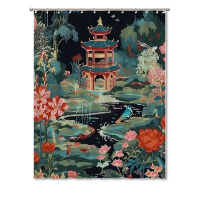 Yinrune Charcoal Coral Pagoda Shower Curtain Set with Hooks Chinoiserie Style Shower Curtain Asian Inspired Bathroom Curtains Bathroom Decor Polyester Fabric Shower Curtains with Holes