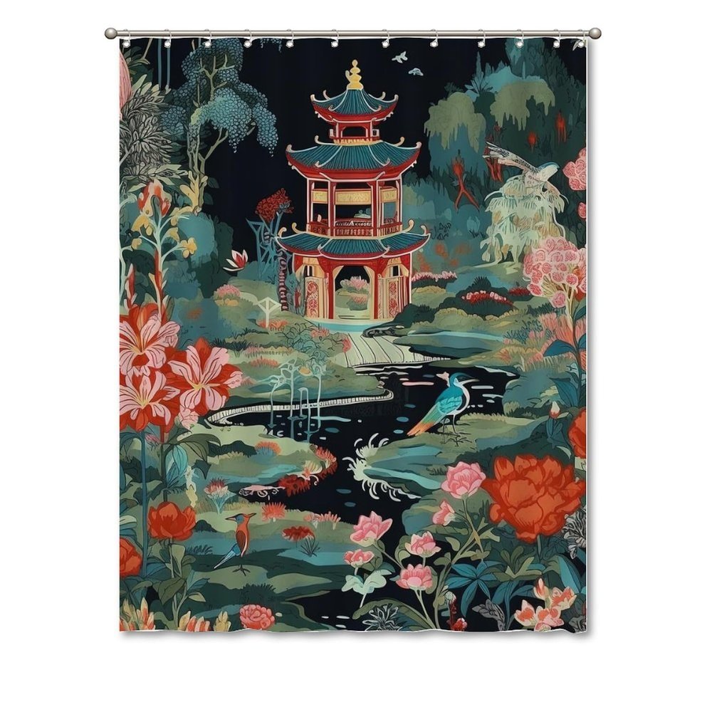 Yinrune Charcoal Coral Pagoda Shower Curtain Set with Hooks Chinoiserie Style Shower Curtain Asian Inspired Bathroom Curtains Bathroom Decor Polyester Fabric Shower Curtains with Holes