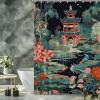 Yinrune Charcoal Coral Pagoda Shower Curtain Set with Hooks Chinoiserie Style Shower Curtain Asian Inspired Bathroom Curtains Bathroom Decor Polyester Fabric Shower Curtains with Holes view 3