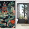 Yinrune Charcoal Coral Pagoda Shower Curtain Set with Hooks Chinoiserie Style Shower Curtain Asian Inspired Bathroom Curtains Bathroom Decor Polyester Fabric Shower Curtains with Holes view 4