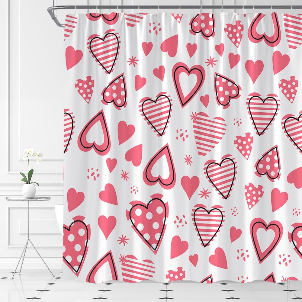 ABONAN Valentine's Day Shower Curtain Pink Love Hearts Romantic Valentine Fabric Bathroom Decor Set with Hooks(59" Wx70 H)