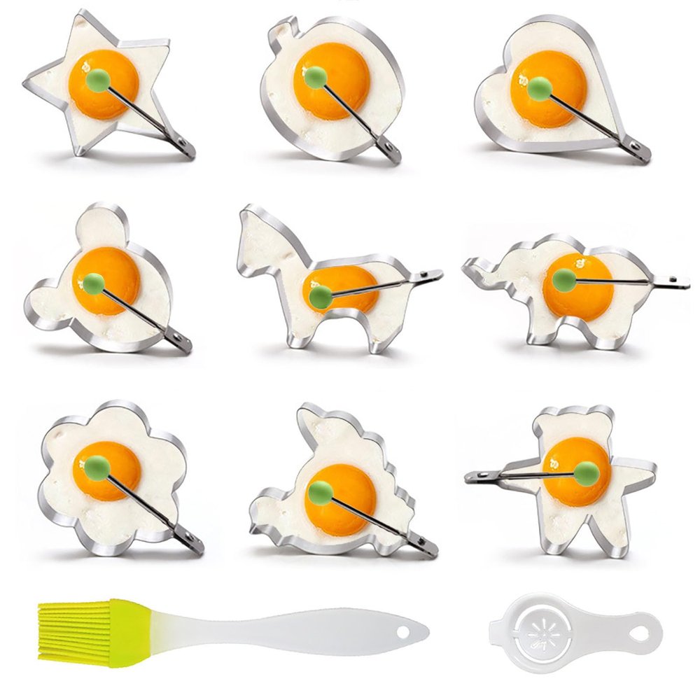 Fried Egg Mold Ring, 9pcs Egg Pancake Mold Rings with Insulated Handle, Stainless Steel 9 Different Shaper Egg Rings for Frying Eggs, Non-Stick Fried Egg Molds with Oil Brush Egg Separator