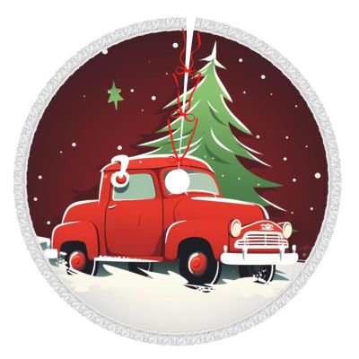 Merry Christmas Red Car Christmas Tree Skirt with Tassel 36" Christmas Tree Decorations for Indoor Outdoor Xmas Ornament Tree Mat Christmas Decor Tree Skirts for Holiday Party