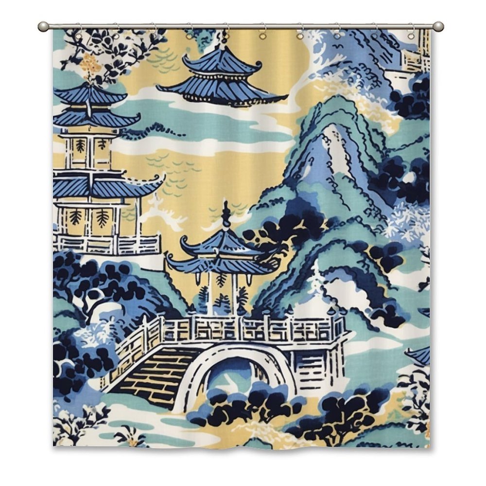 Yinrune Blue and White Pagoda Shower Curtain Set with Hooks Chinoiserie Style Shower Curtain Asian Inspired Bathroom Shower Curtain Bathroom Decor Polyester Fabric Shower Curtains with Holes