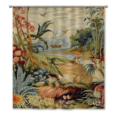 Yinrune Chinoiserie Shower Curtains for Bathroom Aqua Red Blue Ancient Scenic Sailing Boat Bath Curtains Asian Shower Curtain 60x72in Polyester Fabric Bath Curtains Set with Hooks Bathroom Decor