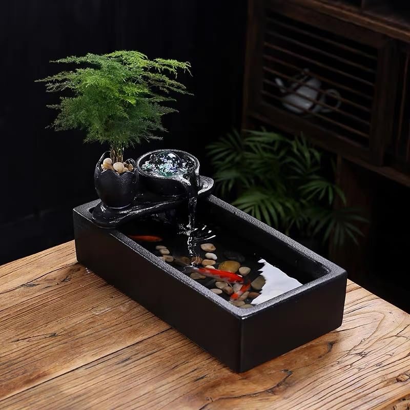 Black Ceramic Zen Tabletop Water Fountain for Home Decor,Ceramic Fountain (C)