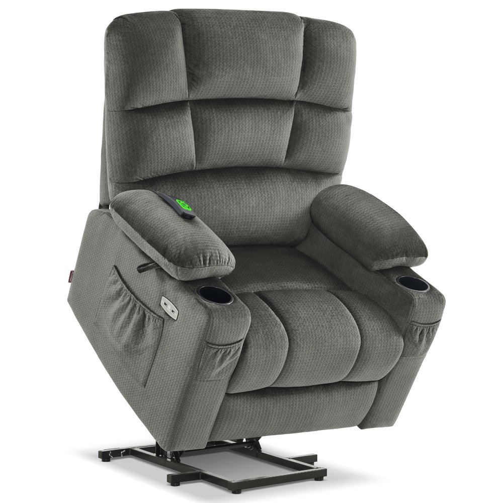 MCombo Dual Motor Power Lift Recliner Chair with Massage and Heat for Elderly People, Infinite Position, USB Ports, Cup Holders, Fabric 7679 (Medium, Grey)