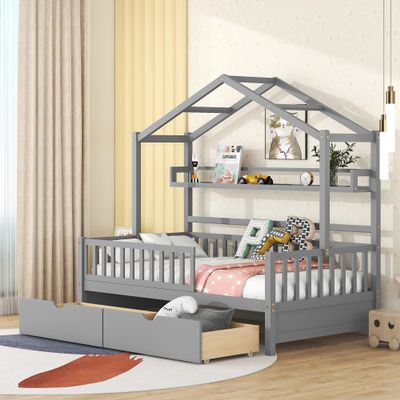 RUNNA Wooden Twin Size House Bed with 2 Drawers,Kids Bed with Storage Shelf for Kids Teens Girls & Boys (Grey~1)
