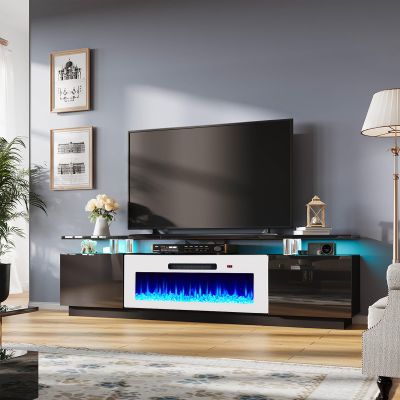 AMERLIFE Fireplace TV Stand with 40" Fireplace, 80" Modern Fireplace Entertainment Center LED Lights, 2 Tier TV Console Cabinet for TVs Up to 90", Black & White