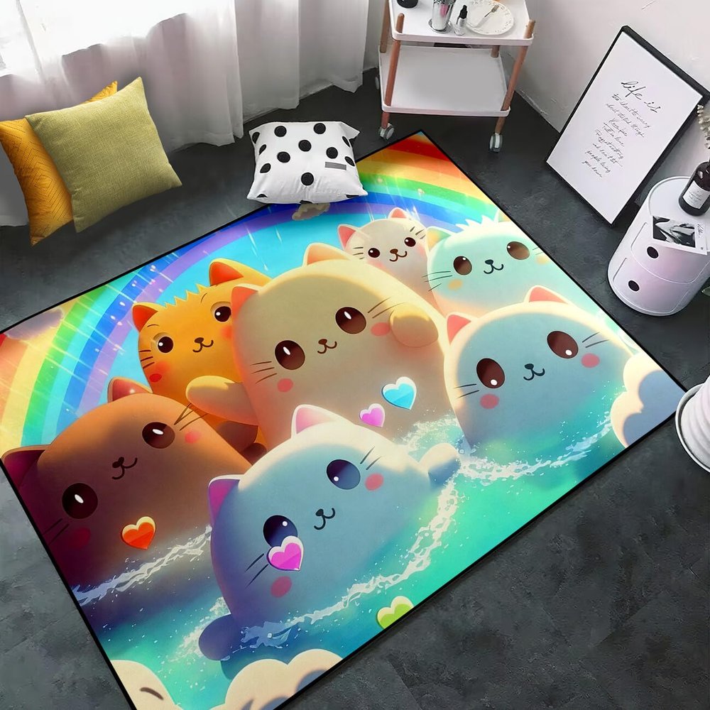 Kids Cute Cat Rug - Cat Rug for Girls Room Cartoon Rainbow Carpet Lovely Animal Sofa Floor Mat, 4'5'