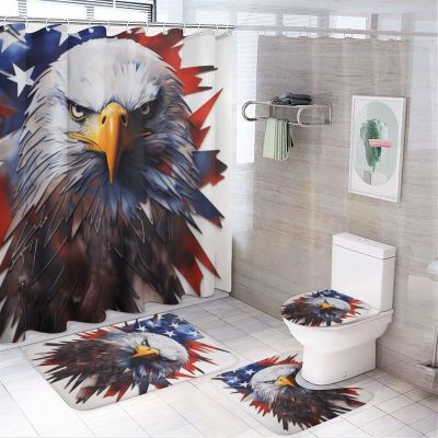 4 Pieces Bird Eagle Shower Curtain Set American Flag Animal Modern Style Bathroom Decor Sets with Rugs Bathroom Accessories Set Bathroom Curtain Shower Set with 12 Hooks