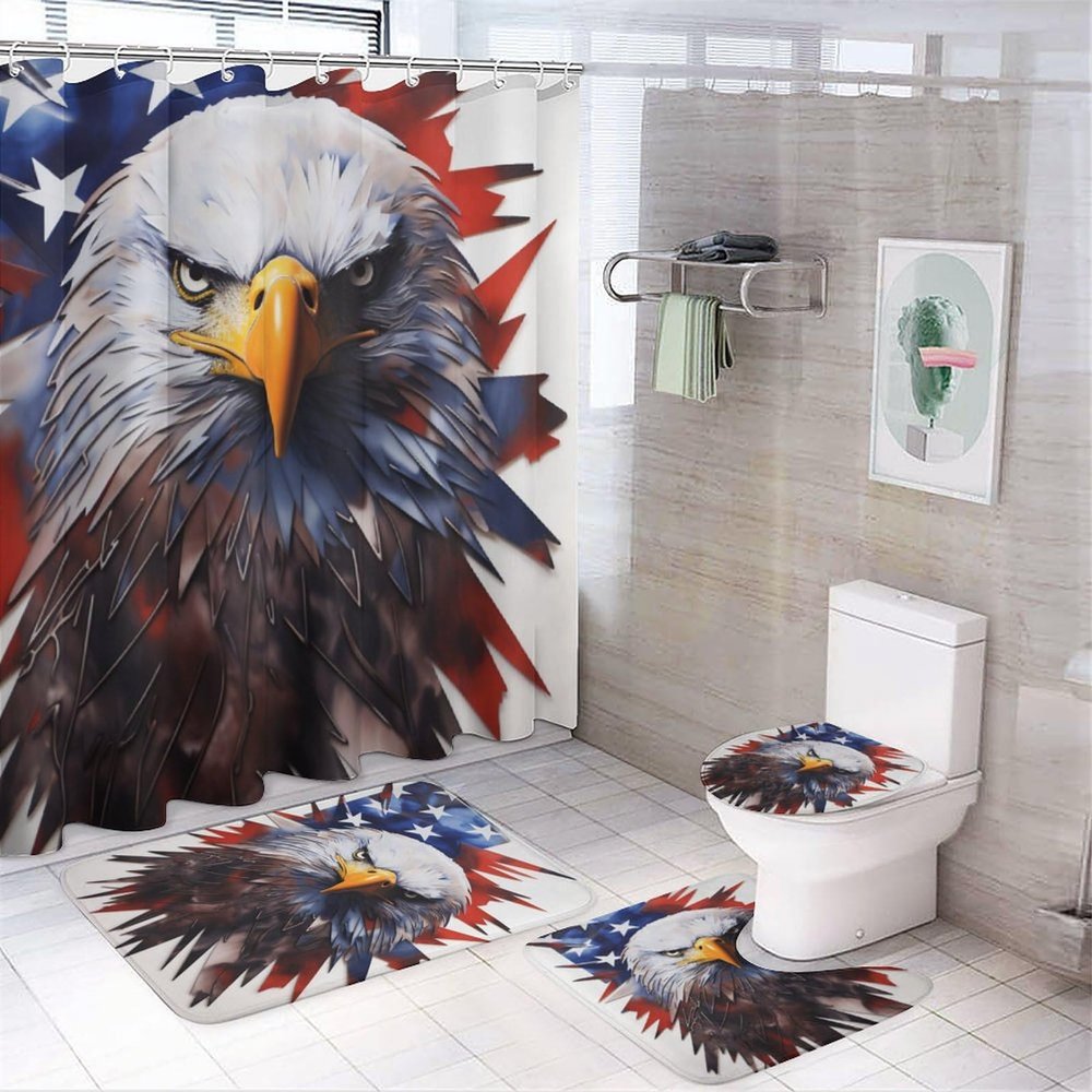 4 Pieces Bird Eagle Shower Curtain Set American Flag Animal Modern Style Bathroom Decor Sets with Rugs Bathroom Accessories Set Bathroom Curtain Shower Set with 12 Hooks