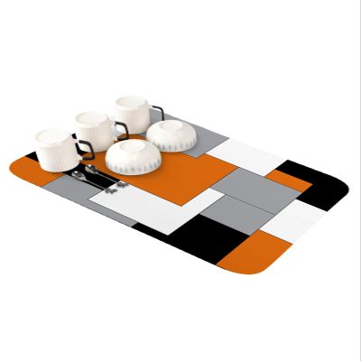 Orange Black Grey Dish Drying Mat for Kitchen Counter, Super Absorbent Quick Dry Coffee Bar Mat Pad Thin Diatomaceous Sink Mat Non Slip Dish Drainer Mat 16x18 Middle Century Irregular Geo Abstract Art