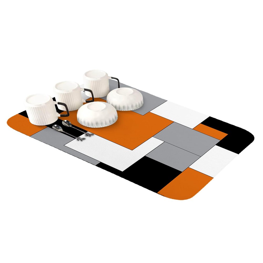 Orange Black Grey Dish Drying Mat for Kitchen Counter, Super Absorbent Quick Dry Coffee Bar Mat Pad Thin Diatomaceous Sink Mat Non Slip Dish Drainer Mat 16x18 Middle Century Irregular Geo Abstract Art