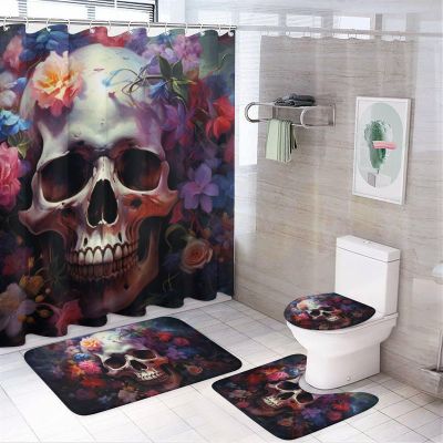 Dunmat 4Pcs Eerie Skeleton Waterproof Shower Curtain Sets for Bathroom