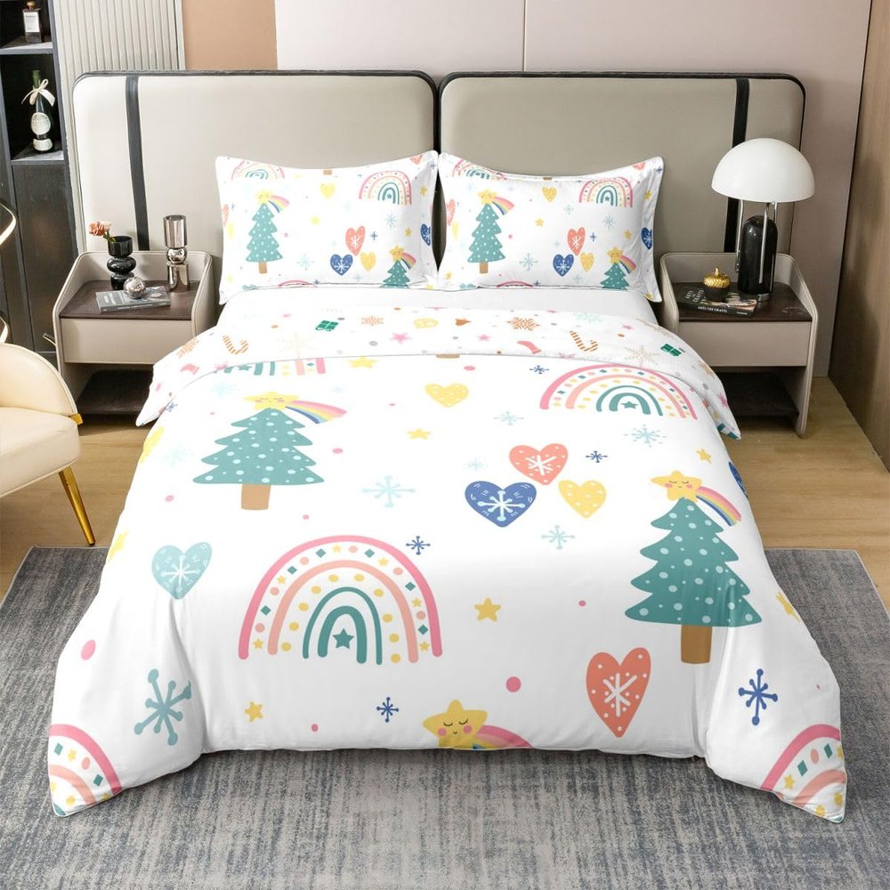 100% Cotton Kids Christmas Twin Bedding Set Christmas Duvet Cover 2 Piece Rainbow Comforter Cover for Girls Boys Merry Christmas Bedspread Cover Happy New Year Gifts Christmas Tree Snowflake Bedding