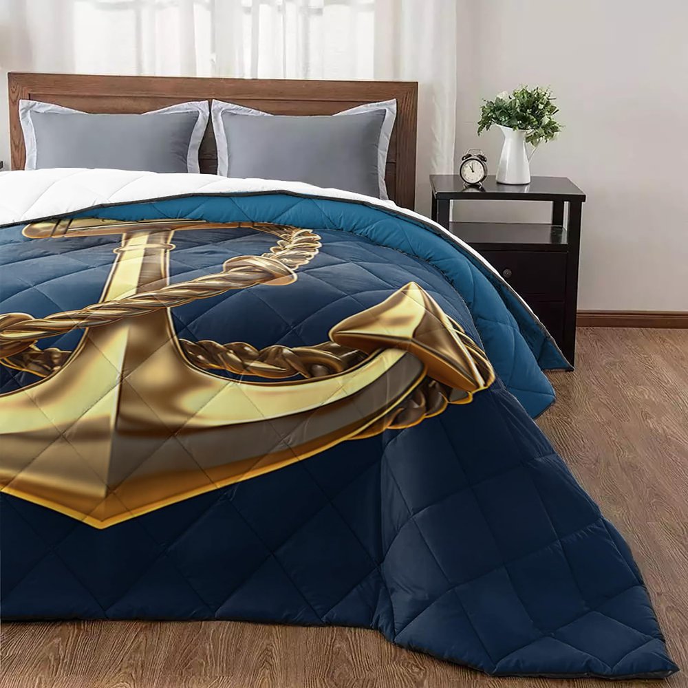 T&H XHome Quilt Twin Size Luxury Quilted Comforter Bedspread-Thin Soft Cozy, Ocean Golden Anchor Gradient Blue Texture Reversible Stitched Lightweight Quilt Coverlet for All Season