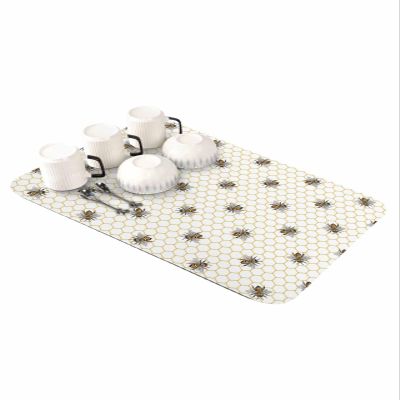 Spring Summer Bee Dish Drying Mat for Kitchen Counter, Super Absorbent Quick Dry Coffee Bar Mat Pad Thin Diatomaceous Sink Mat Non Slip Dish Drainer Mat 12''x16'' Geometric Hexagon Plaid