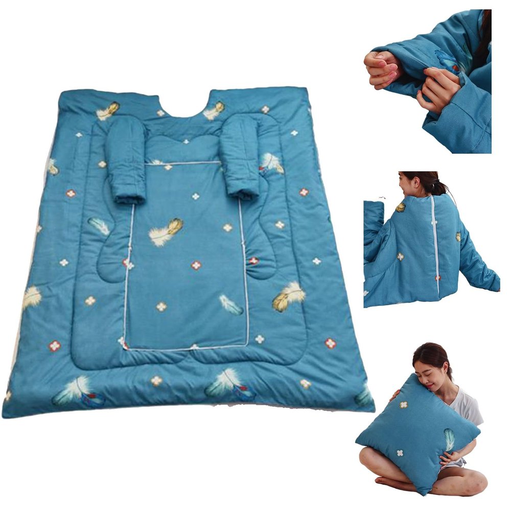 PEKJI Lazy Quilt with Sleeves for Men Women, Feather Print Comforter Warm Winter Quilts Throw Pillow Thickened Wrap Blanket Blue, for Home Office Travel(Aldult 59"79")