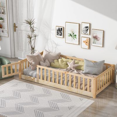 Dolonm Twin Size Montessori Bed, Toddler Floor Bed for Kids With Fence Guardrails and Door, Wooden Platform Bed Frame, Natural