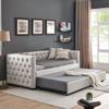 Favfurish Linen Upholstered Twin Size Daybed Trundle, Solid Wooden Sofa Bed Frame w/Button Tufted and Copper Nail on Square Arms, No Spring Box Need, for Kids, Bedroom, Dorm, Beige view 1